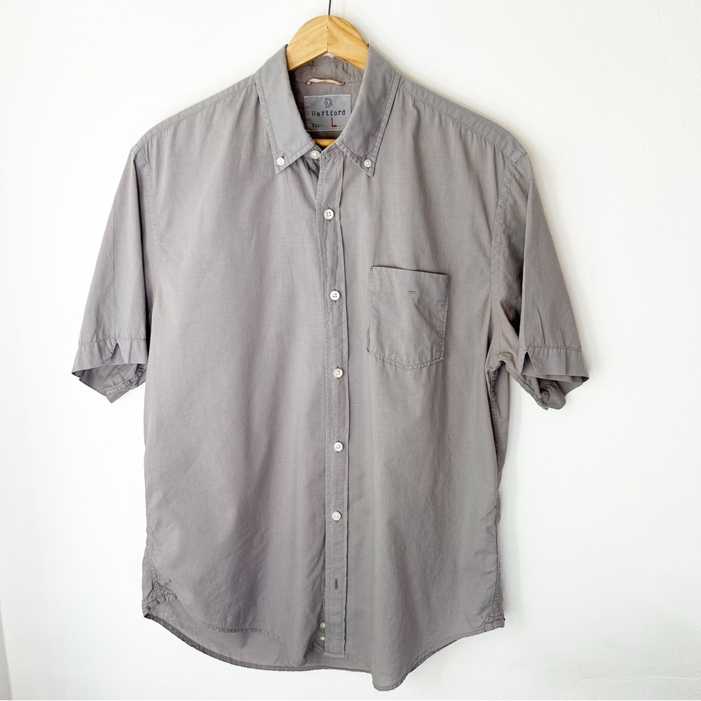 Hartford Stone Grey Short Sleeve Button-Down Light Cotton - Size Large